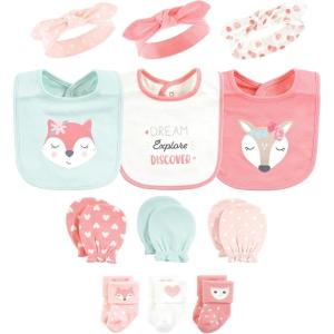 image:imageHudson Baby Baby Caps Or Headbands Bibs Mittens and Socks 12pc SetPink Woodland