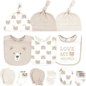 image:imageHudson Baby Baby Caps Or Headbands Bibs Mittens and Socks 12pc SetTaupe Bear