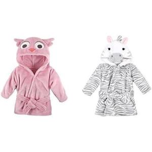 image:imageHudson Baby Girl Plush Animal Face Bathrobe 2Pack Pink Owl Gray Zebra