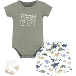 image:imageHudson Baby Unisex Baby Bodysuit Short and Sock 3Piece SetMamas Boy Sage Dino