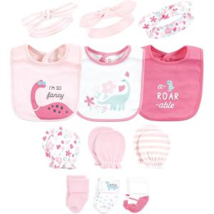 image:imageHudson Baby Unisex Baby Caps Or Headbands Bibs Mittens and Socks 12pc SetPink Dinosaur