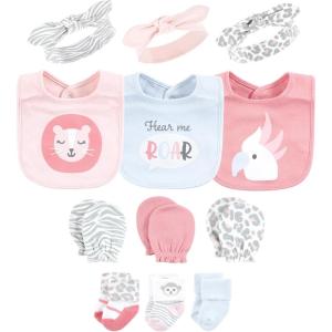 image:imageHudson Baby Unisex Baby Caps Or Headbands Bibs Mittens and Socks 12pc SetPink Safari