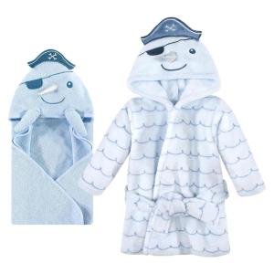 image:imageHudson Baby Unisex Baby Cotton Animal Face Hooded Towel and Plush Bathrobe Bundle Set Narwhal 09 Months