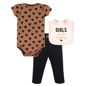 image:imageHudson Baby Unisex Baby Cotton Bodysuit Pant and Bib Set Peace Love Flowers NewbornCinnamon Hearts