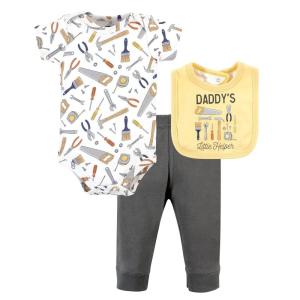 image:imageHudson Baby Unisex Baby Cotton Bodysuit Pant and Bib Set Peace Love Flowers NewbornConstruction Work