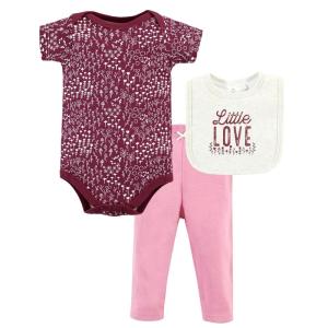 image:imageHudson Baby Unisex Baby Cotton Bodysuit Pant and Bib Set Peace Love Flowers NewbornLittle Love Flowers
