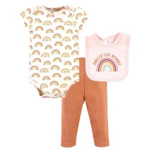 image:imageHudson Baby Unisex Baby Cotton Bodysuit Pant and Bib Set Peace Love Flowers NewbornSunshine Rainbows