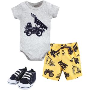 image:imageHudson Baby Unisex Baby Cotton Bodysuit Shorts and Shoe SetConstruction Trucks