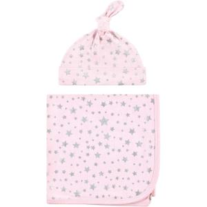 image:imageHudson Baby Unisex Baby Swaddle Blanket and Cap or Headband Royal Safari One SizeSilver Pink Star