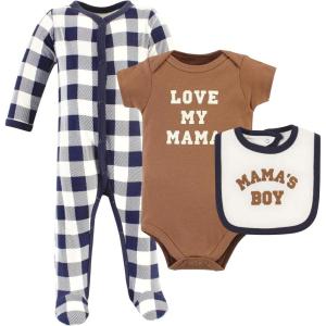 image:imageHudson Baby Unisex Cotton Sleep and Play Bodysuit and Bandana Bib SetBrown Navy Mamas Boy