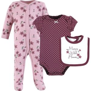 image:imageHudson Baby Unisex Cotton Sleep and Play Bodysuit and Bandana Bib SetPlum Wildflower