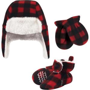 image:imageHudson Baby Baby Hudson Baby Unisex Baby Trapper Hat Mitten and Bootie Set Tan Bear 06 MonthsBlack Red Plaid