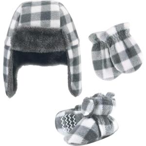 image:imageHudson Baby Baby Hudson Baby Unisex Baby Trapper Hat Mitten and Bootie Set Tan Bear 06 MonthsCharcoal White Plaid