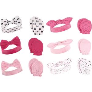 image:imageHudson Baby Girls 12Pc Cotton Headband and Scratch Mitten Set Pink Floral Dots 06 MonthsBows Navy Hearts