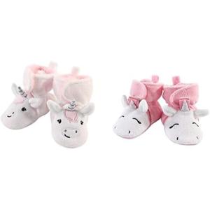 image:imageHudson Baby Cozy Fleece Booties 2PackSilver White UnicornPink Rainbow Unicorn