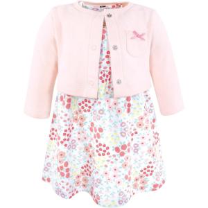 image:imageHudson Baby Infant and Toddler Girls Cotton Dress and Cardigan SetBright Pink Flower Field