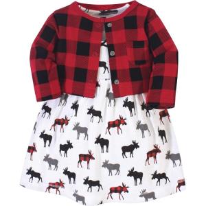 image:imageHudson Baby Infant and Toddler Girls Cotton Dress and Cardigan SetBuffalo Plaid Moose