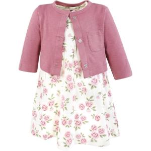 image:imageHudson Baby Infant and Toddler Girls Cotton Dress and Cardigan SetMauve Sage Rose