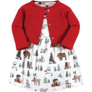 image:imageHudson Baby Infant and Toddler Girls Cotton Dress and Cardigan SetRed Winter Forest