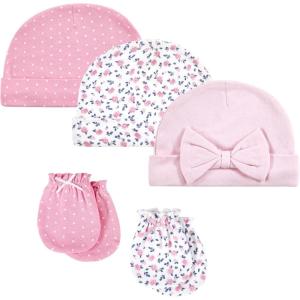 image:imageHudson Baby Unisex Baby Cotton Cap and Scratch Mitten SetBlue Pink Floral 5pack