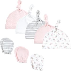image:imageHudson Baby Unisex Baby Cotton Cap and Scratch Mitten SetPink Gray Floral