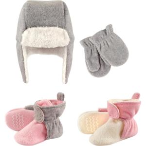 image:imageHudson Baby Winter Hat Mittens and 2 Pack Booties SetPink Gray