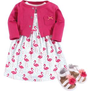 image:imageHudson Baby babygirls Cotton Dress Cardigan and Shoe SetBright Flamingo