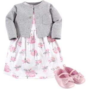 image:imageHudson Baby babygirls Cotton Dress Cardigan and Shoe SetPink Gray Floral