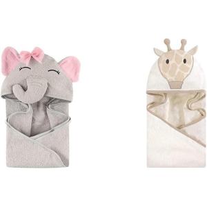 image:imageHudson Baby Cotton Animal Face Hooded Towel 2Pack Pretty Elephant Whimsical UnicornPretty Elephant Modern Giraffe