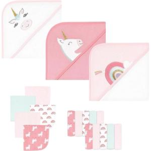 image:imageHudson Baby Unisex Baby Animal Hooded Towel 3pk and 15 Washcloths Girl Woodland One SizeUnicorn