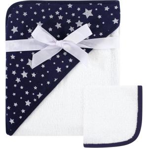 image:imageHudson Baby Unisex Baby Cotton Hooded Towel and Washcloth Woodland One SizeNavy Silver Star