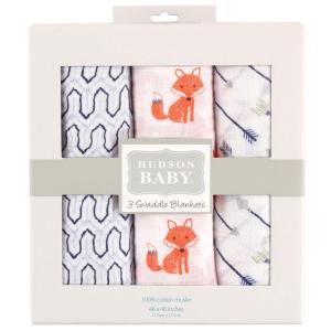 image:imageHudson Baby Unisex Baby Cotton Muslin Swaddle Blankets Forest Animals 3PackFoxes
