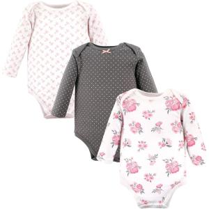 image:imageHudson Baby Baby Girls Cotton Longsleeve Bodysuits 3packBasic Pink Gray Floral