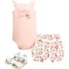 image:imageHudson Baby Unisex Baby Cotton Bodysuit Shorts and Shoe SetCoral Floral