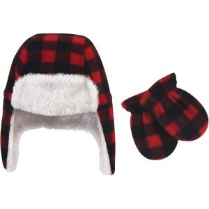 image:imageHudson Baby Unisex Fleece Trapper Hat and Mitten SetBlack Red Plaid Baby