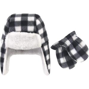 image:imageHudson Baby Unisex Fleece Trapper Hat and Mitten SetBlack White Plaid Toddler