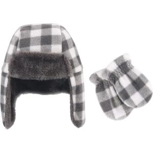 image:imageHudson Baby Unisex Fleece Trapper Hat and Mitten SetCharcoal White Plaid Baby