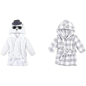 image:imageHudson Baby Boy Plush Animal Face Bathrobe 2Pack Blue Elephant BunnyHandsome Bear Gray Plaid