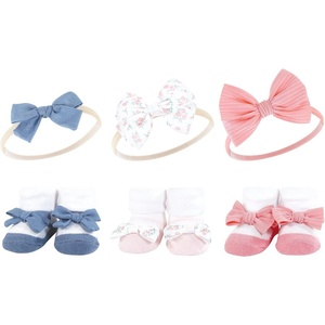 image:imageHudson Baby Unisex Baby Headband and Socks SetPink Floral Chambray