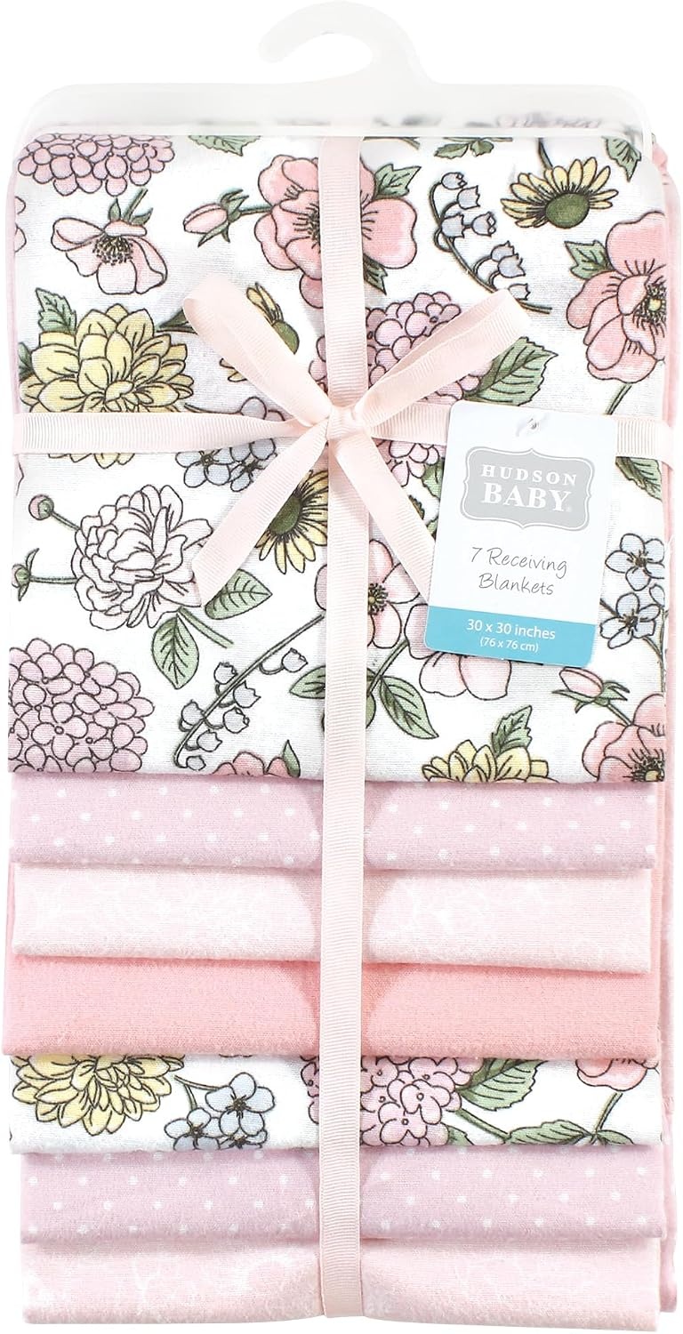 image:imageLittle Treasure Hudson Baby Cotton Poly Flannel Receiving Blankets Multipack Green Forest Animals 30x30 inchesPink Vintage Blossom