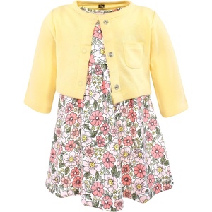 image:imageHudson Baby Toddler and Girls Cotton Dress and Cardigan SetPink Yellow Pretty Floral
