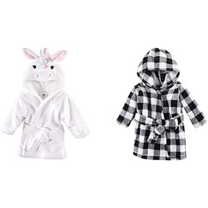 image:imageHudson Baby Girl Plush Animal Face Bathrobe 2Pack Penguin Boho FoxRainbow Unicorn Black Plaid