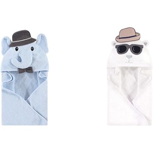 image:imageHudson Baby Boy Animal Face Hooded Towel 2Pack Cow RoosterBlue Charcoal Elephant Handsome Bear