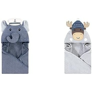 image:imageHudson Baby Boy Animal Face Hooded Towel 2Pack Cow RoosterSailor Elephant Winter Moose