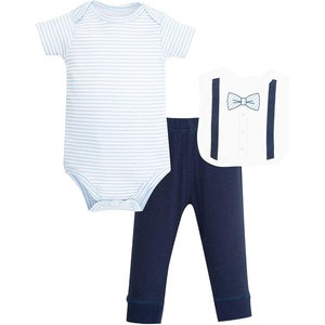 image:imageHudson Baby Unisex Baby Cotton Bodysuit Pant and Bib SetLt Blue Stripe Bow Tie