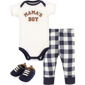 image:imageHudson Baby Unisex Baby Cotton Bodysuit Pant and Shoe SetBrown Navy Mamas Boy Short Sleeve