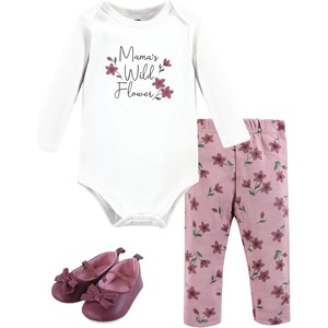 image:imageHudson Baby Unisex Baby Cotton Bodysuit Pant and Shoe SetPlum Wildflower Long Sleeve